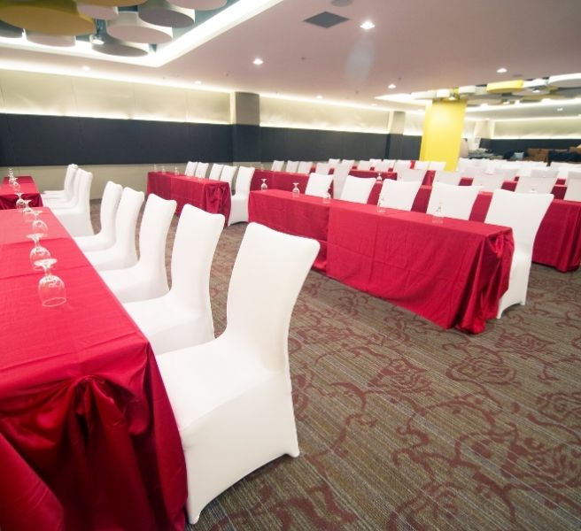 room with red table and chair